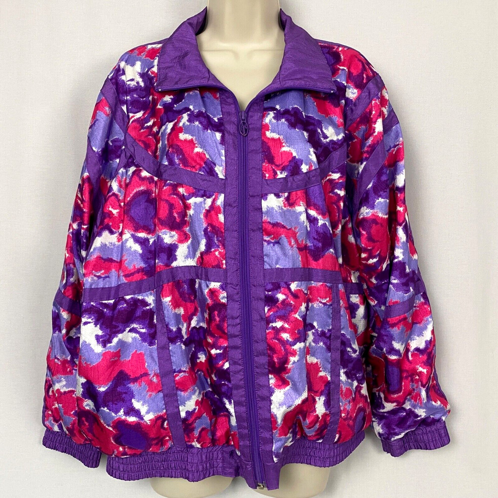 Lavon Vintage Windbreaker Jacket Womens Medium Purple Neon Pink Full Zip 80s 90s